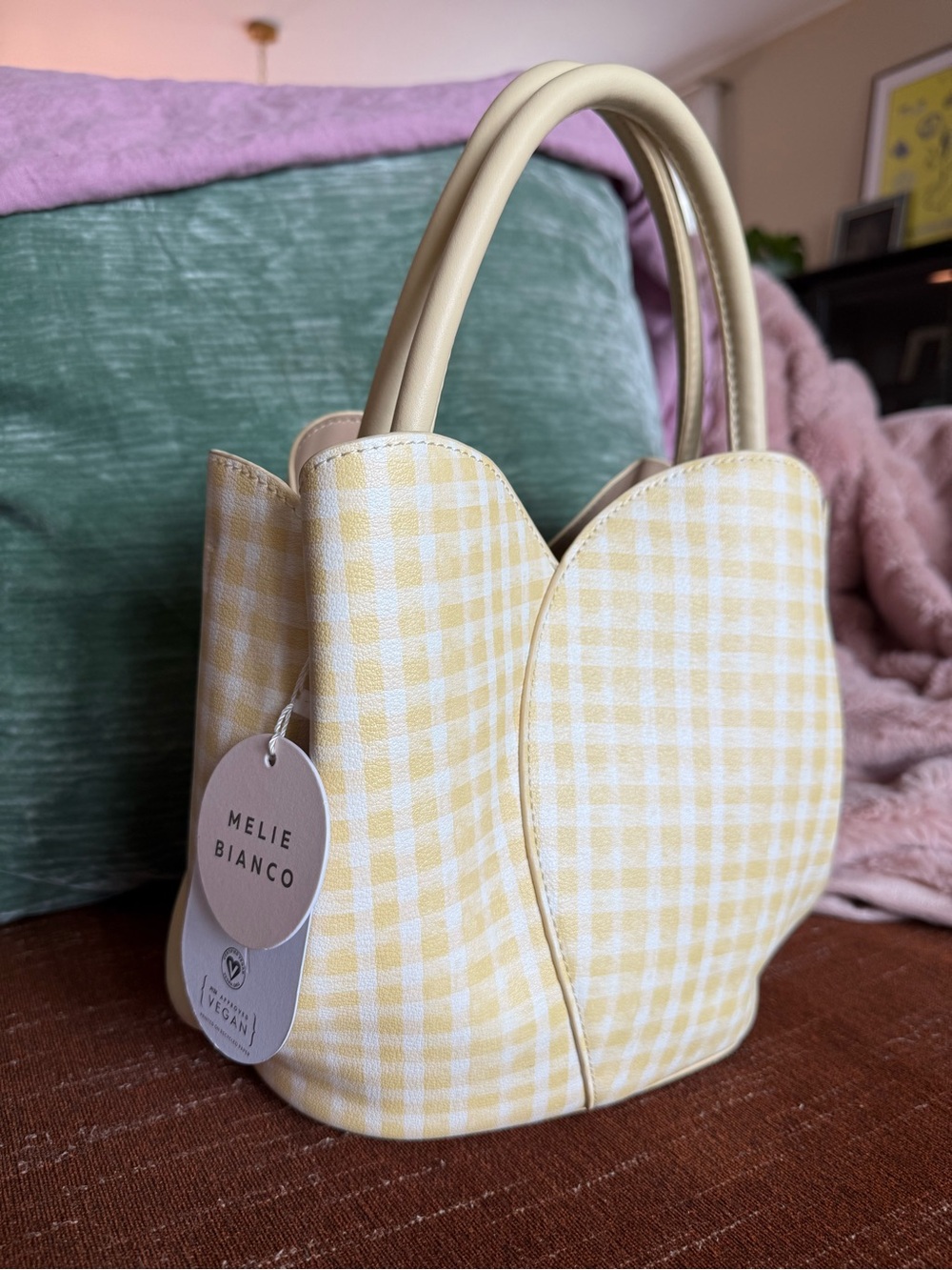 NWT Melie Bianco Tulip Top Handle Crossbody Tote Yellow Gingham sold out